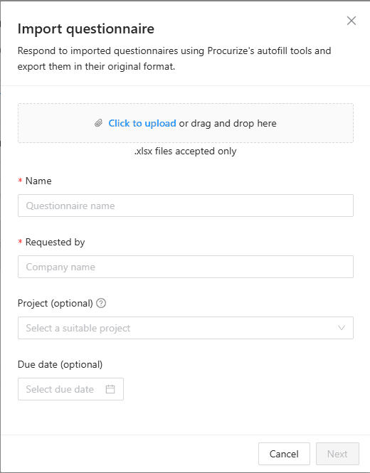 Import questionnaire dialog